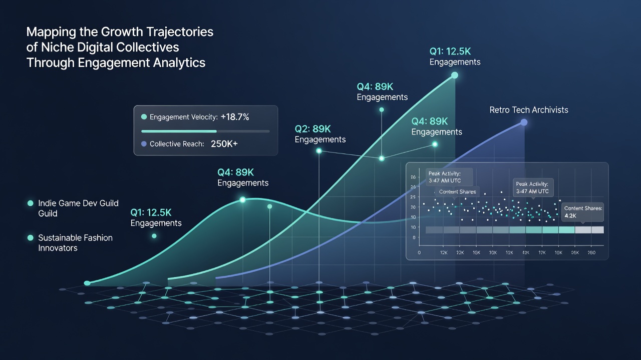 Visualization of growth curves for several digital collectives plotted against engagement metrics including comments and shares